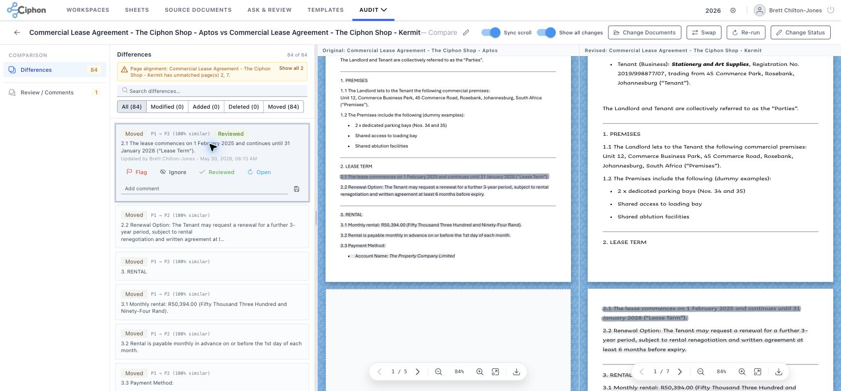Comparison detail with dual PDF viewer